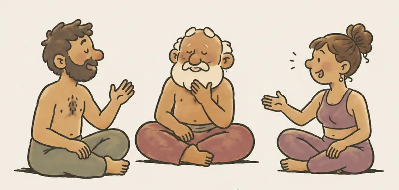 Illustration: three people sitting cross-legged and talking – a bearded man, an older gentleman with a white beard and a young woman