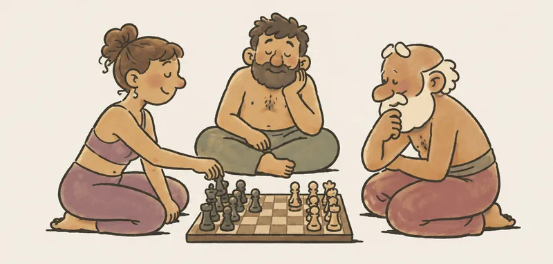 Illustration: three people sitting on the floor around a chessboard, the young woman is moving a piece