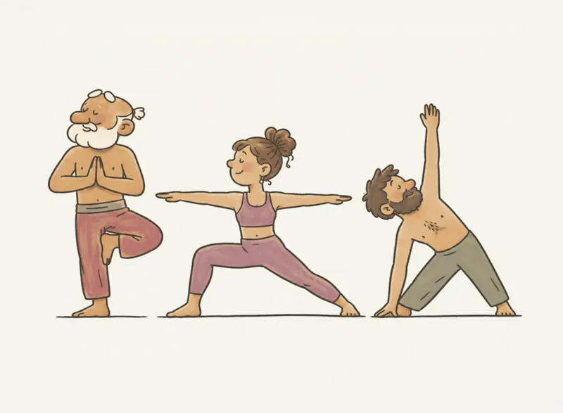 Illustration: ein älterer Mann in der Baumhaltung, eine junge Frau im Krieger und ein Mann im Dreieck – Yoga für jedes Alter und jedes Level