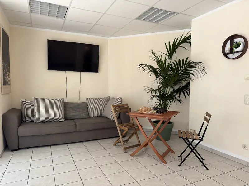 The studio lounge: grey sofa, a chess table with the pieces set up and a large palm